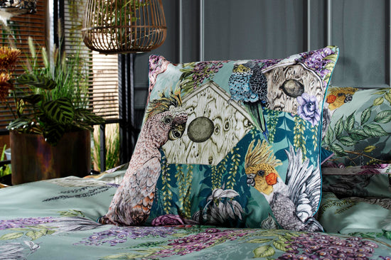 LIMITED EDITION Bird Sanctuary Tropical Birds, Bird Houses and Wisteria Flowers Square Cushion Teal Season 4