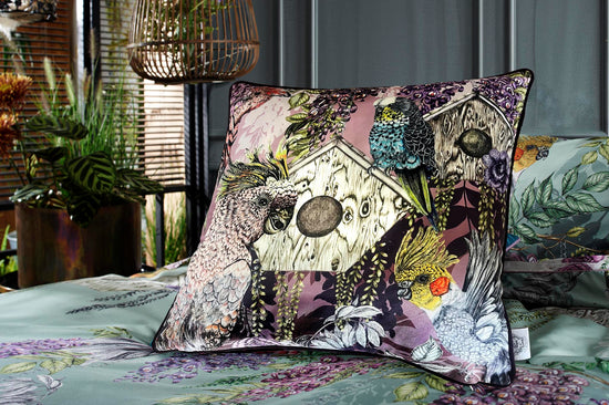 LIMITED EDITION Bird Sanctuary Tropical Birds, Bird Houses and Wisteria Flowers Square Cushion Dusty Pink Season 4