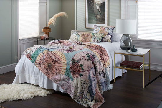 Sakura Sunshade Japanese Parasoles and Crane Birds with Soft Japanese Blossom Fleece Throw/Bedspread Season 4