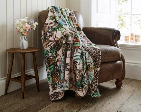 Mozambique Tropical Safari Animals with Tropical Flowers and Leaves Fleece Throw/Bedspread Season 3