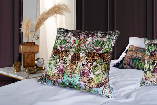 Mozambique African Safari, Tropical Animals and Leaves Square Dusty Pink Cushion Season 3