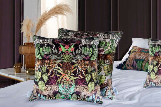 Mozambique African Safari, Tropical Animals and Leaves Square Deep Plum Cushion Season 3