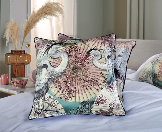 LIMITED EDITION Sakura Sunshade Japanese Parasoles, Crane Birds and Japanese Blossom Soft Aqua Square Cushion Season 4