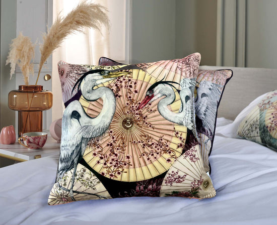 Sakura Sunshade Japanese Parasoles, Crane Birds and Japanese Blossom Deep Plum Square Cushion Season 4