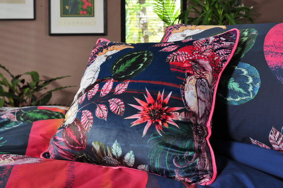 The Parrot and the Cockatoo Tropical Birds and Leaves Square Velvet Cushion Season 1
