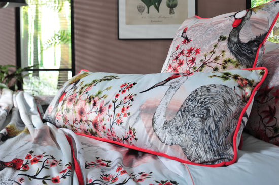 Tsuru Nichi Japanese Crane Birds and Blossom Zen Long Velvet Cushion/Bolster Season 1