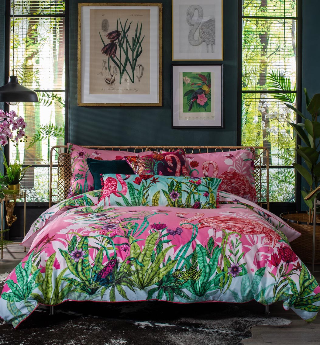 House of Norris exotic cotton bedding set with colorful tropical floral and flamingo design on duvet cover
