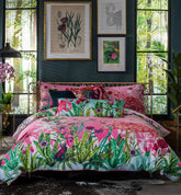 House of Norris exotic cotton bedding set with colorful tropical floral and flamingo design on duvet cover