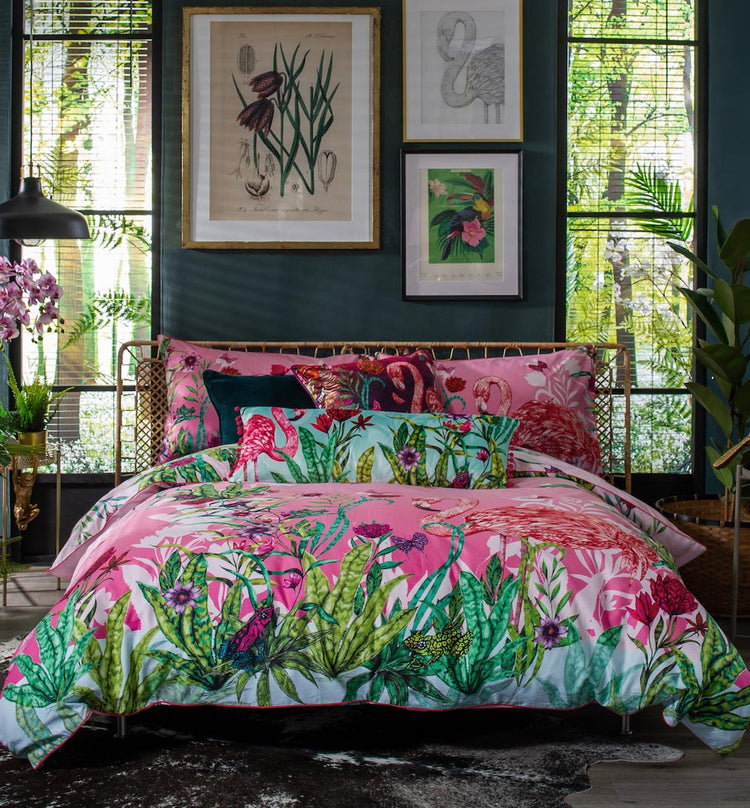 House of Norris exotic cotton bedding set with colorful tropical floral and flamingo design on duvet cover