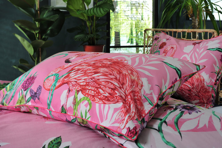 House of Norris exotic cotton bedding set with pink flamingo and tropical floral design