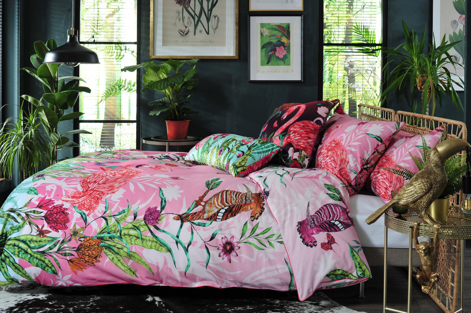 House of Norris exotic cotton bedding set with pink floral and animal print duvet cover in stylish bedroom