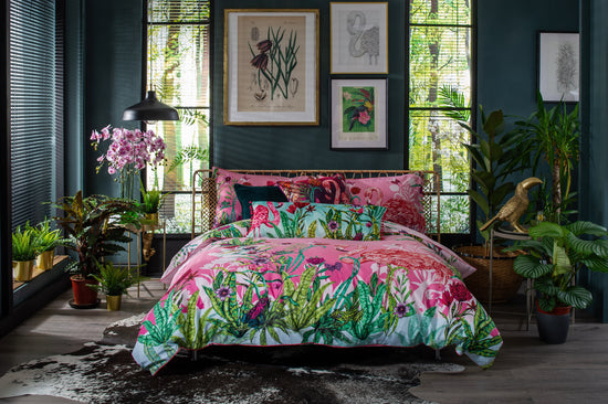 House of Norris exotic cotton bedding set with vibrant tropical floral print duvet cover and pillowcases