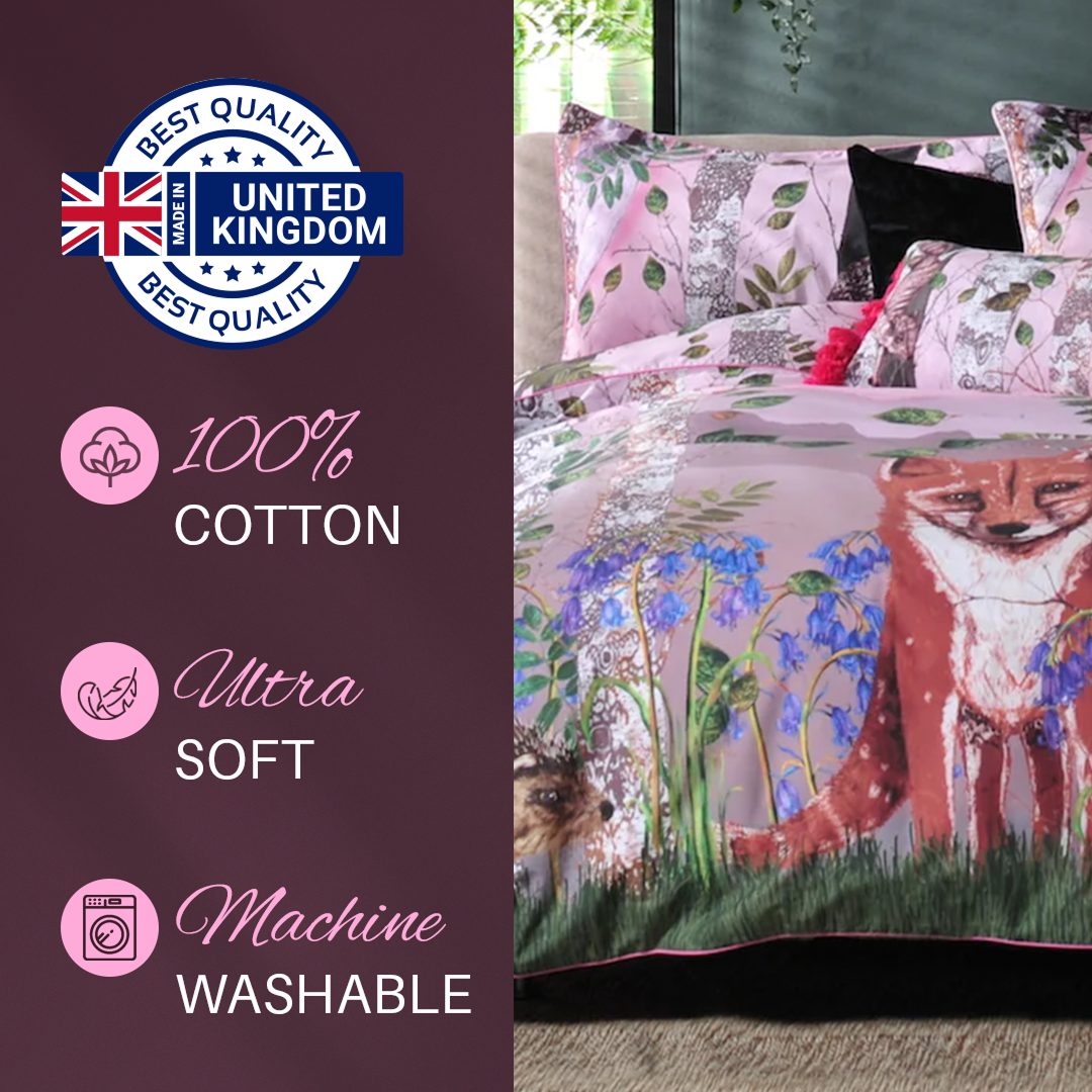 House of Norris forest theme cotton bedding set with pink duvet cover featuring fox and bluebell floral design