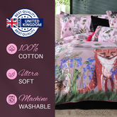 House of Norris forest theme cotton bedding set with pink duvet cover featuring fox and bluebell floral design