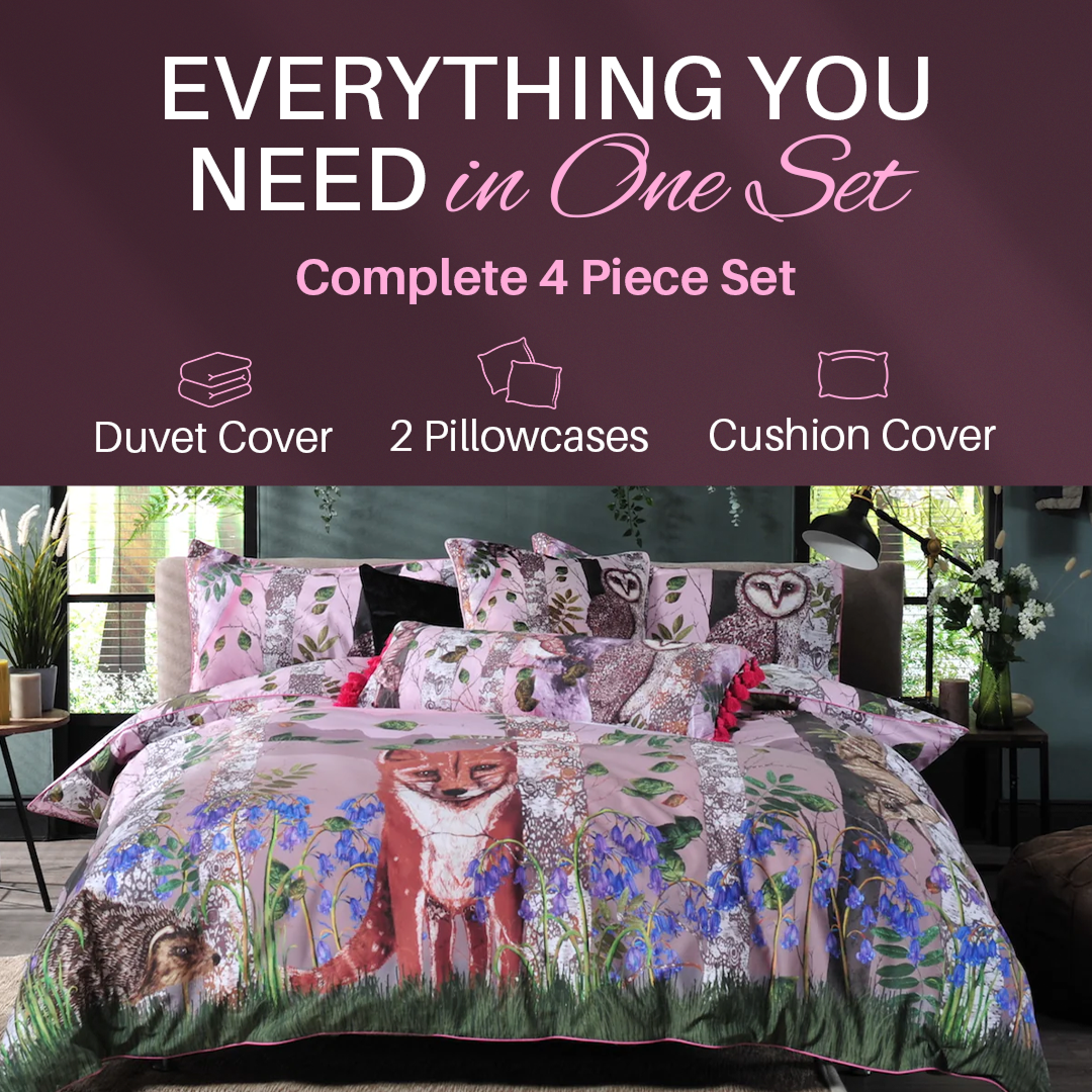 House of Norris forest theme cotton bedding set with fox and owl designs on duvet cover and pillowcases