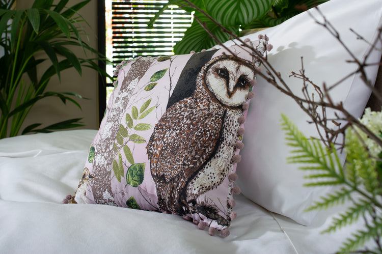 House of Norris forest theme cotton bedding set featuring a pillow with detailed owl design on soft white bedlinen