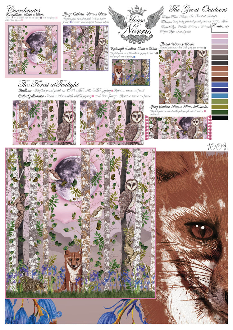 House of Norris forest theme cotton bedding set featuring woodland animals and trees on a pink background