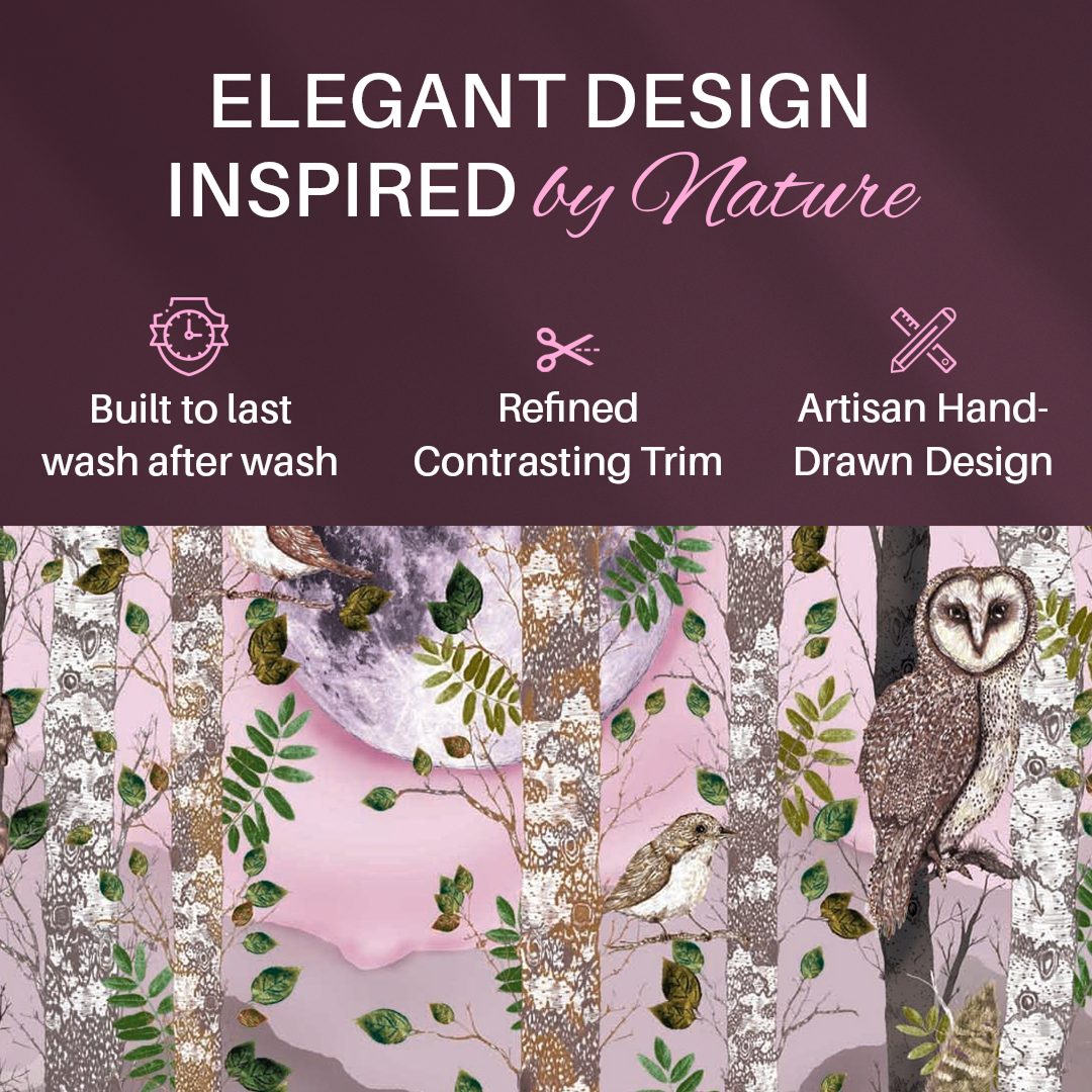 Forest theme cotton bedding set with artisan hand-drawn owl and bird designs on pink background