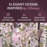 Forest theme cotton bedding set with artisan hand-drawn owl and bird designs on pink background