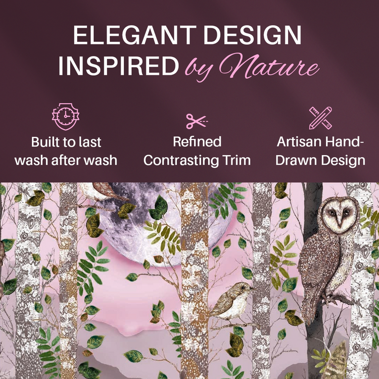 Forest theme cotton bedding set with artisan hand-drawn owl and bird designs on pink background