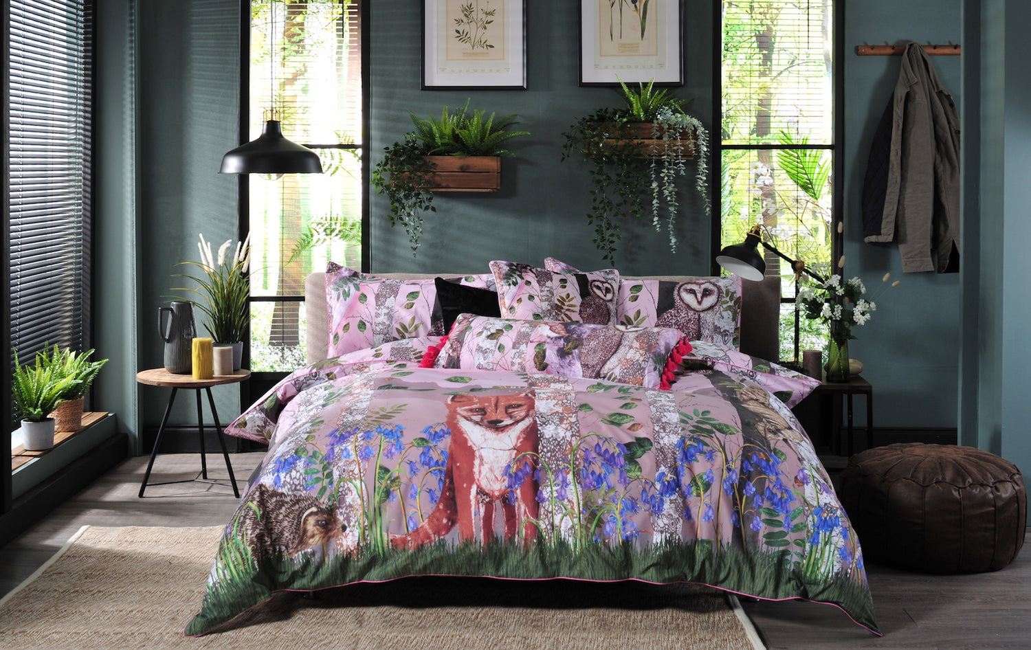 House of Norris forest theme cotton bedding set with fox and owl designs on duvet cover in a modern bedroom