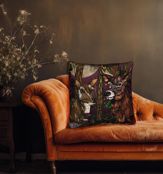 The Deer, the Pheasant and the Smoke Bush Square Velvet 50cm x 50cm Cushion Rouge, Season 2