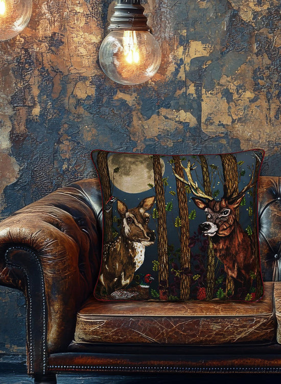 The Deer, the Pheasant and the Smoke Bush Square Velvet 50cm x 50cm Cushion Navy, Season 2