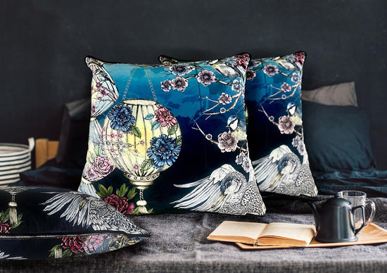 LIMITED EDITION Kakuru Lanterns, Crane Birds and Japanese Blossom Navy Square Cushion Season 4