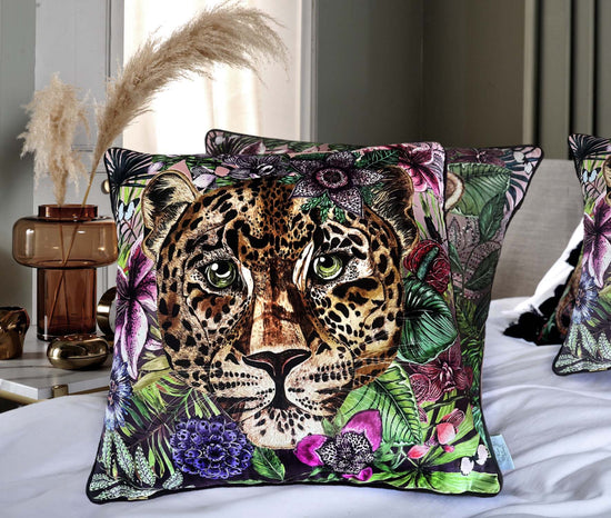 LIMITED EDITION Totem Leopard Animal Head with Tropical Flowers Square Velvet Cushion Season 2